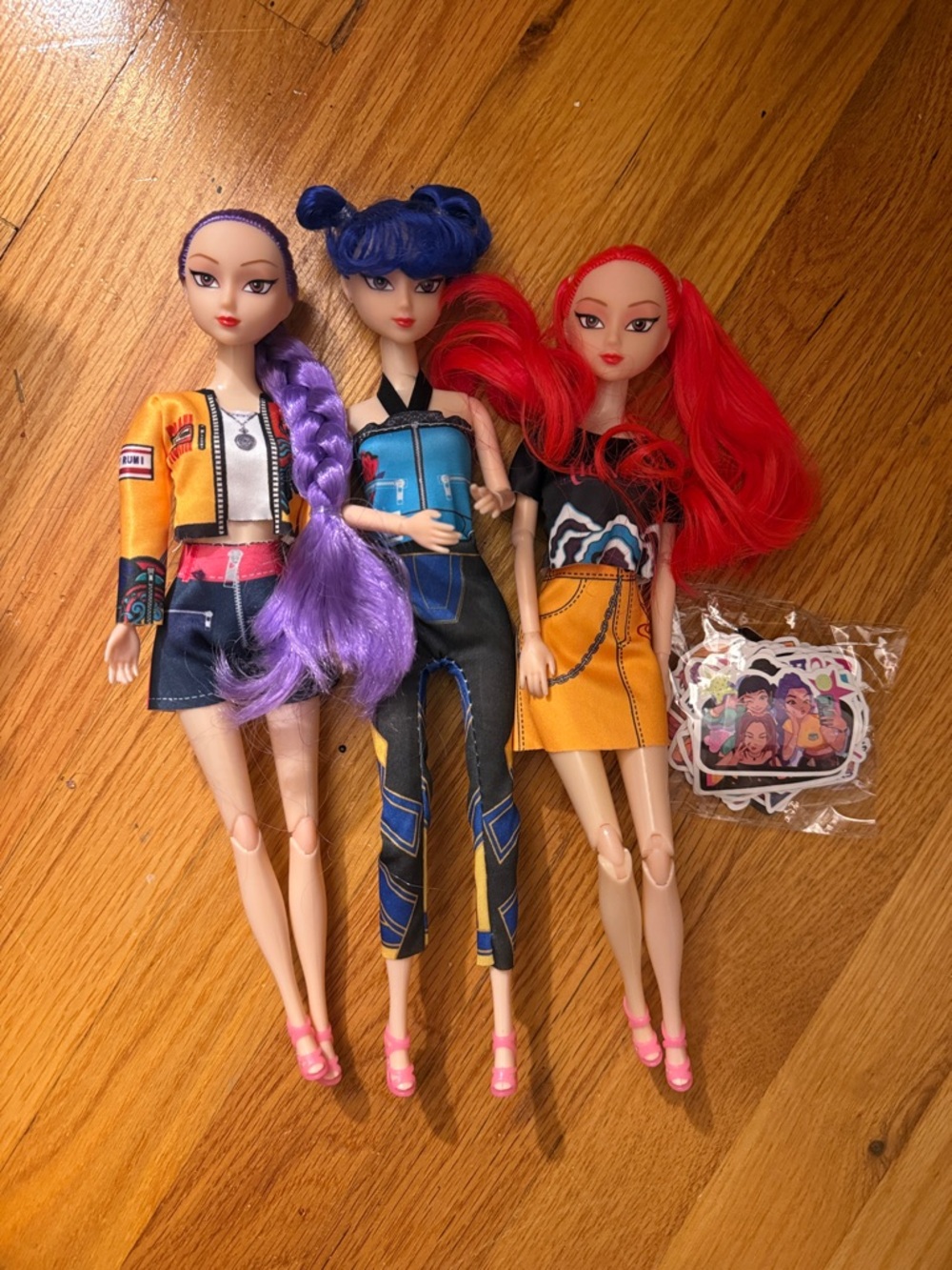 Colorful K POP demon hunters Fashion Dolls Trio with stickers.